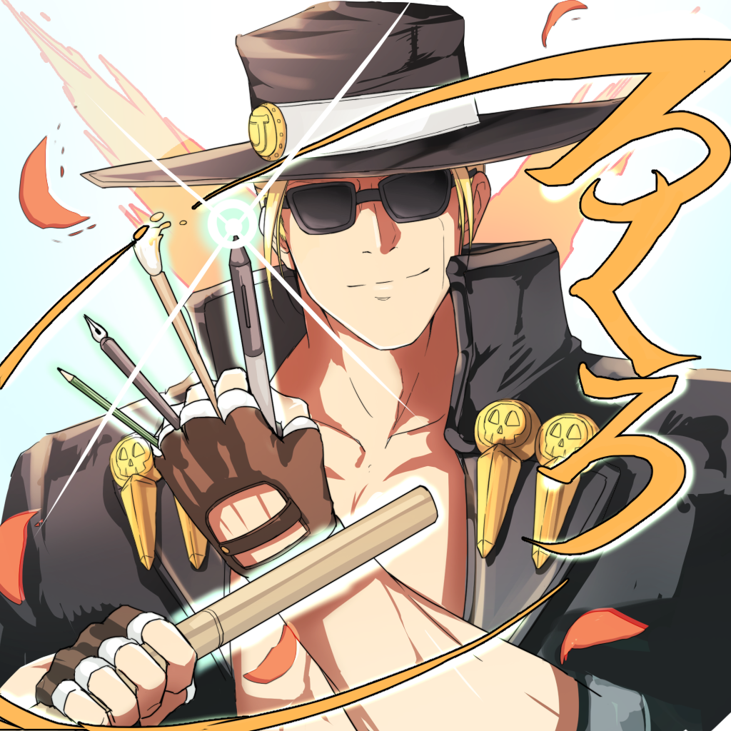 1boy art_brush black_coat blonde_hair brown_gloves coat cowboy_hat fingerless_gloves gloves guilty_gear hat high_collar johnny_sfondi looking_at_viewer male_focus open_clothes open_coat otsumami_(otsu-mugi) paintbrush pencil shirtless skull smile sunglasses translation_request