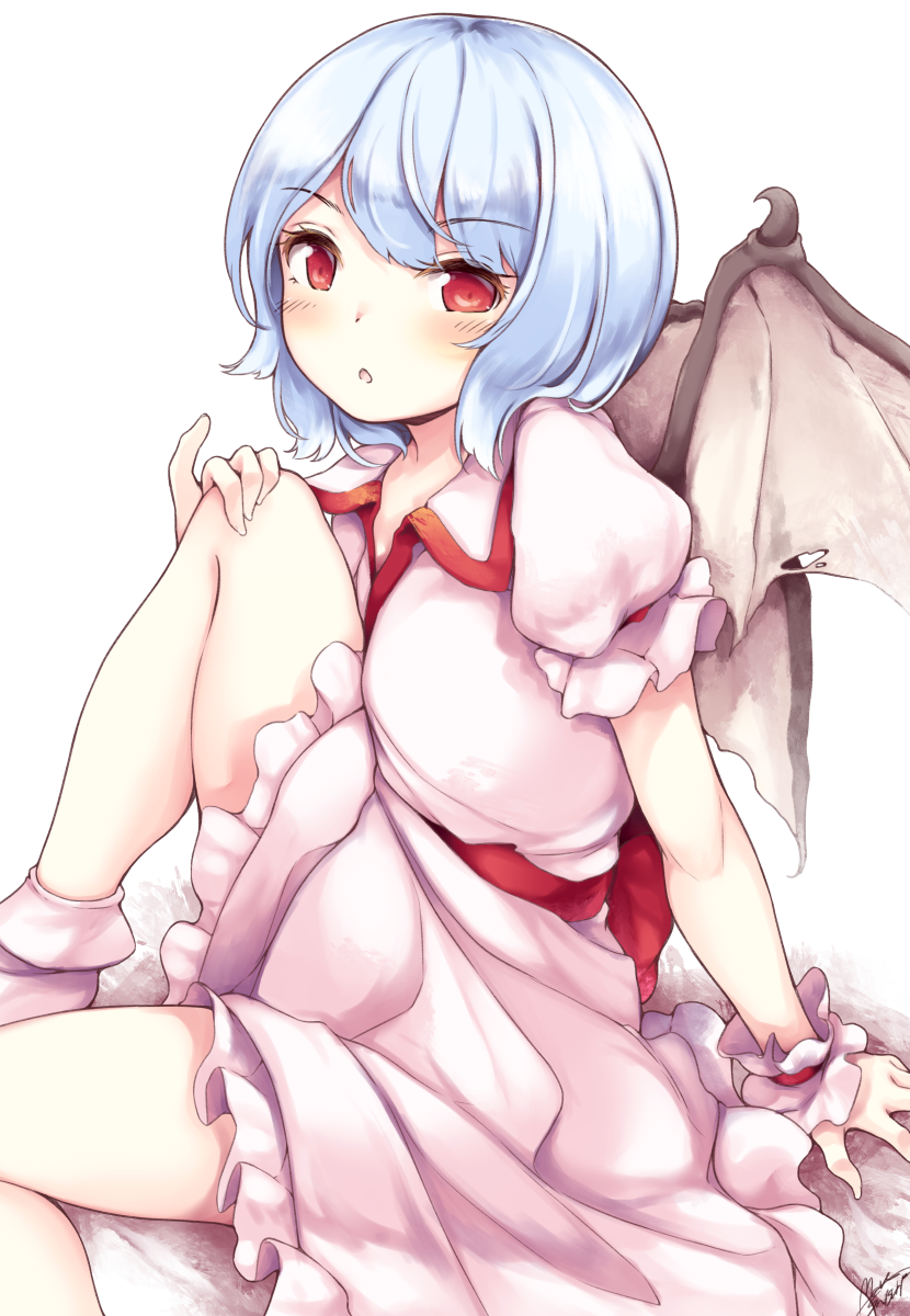 1girl bat_wings black_wings blue_hair blush dress eyebrows_visible_through_hair frilled_dress frilled_sleeves frills hand_on_own_knee highres knee_to_chest knee_up looking_at_viewer maremay0513 open_mouth pink_dress pink_legwear puffy_short_sleeves puffy_sleeves red_eyes remilia_scarlet sash shiny shiny_hair shoes short_hair short_sleeves signature simple_background sitting socks solo spikes tareme touhou white_background wings wrist_cuffs