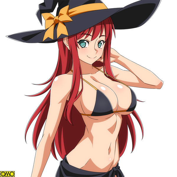 1girl bangs bare_arms bare_shoulders bikini_top black_bikini_top black_hat blush bow breasts cleavage closed_mouth collarbone eyebrows_visible_through_hair green_eyes hand_in_hair hat hat_bow large_breasts long_hair looking_at_viewer navel omc orange_bow ra-pen redhead sarong sidelocks simple_background smile solo stomach strap_gap upper_body very_long_hair white_background witch_hat