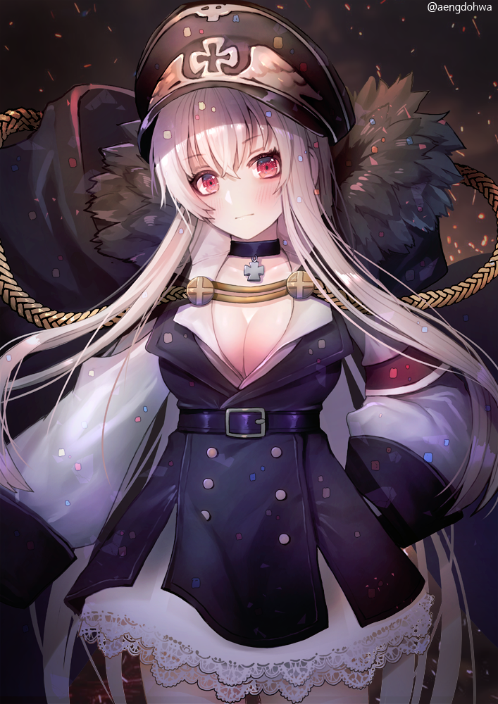 1girl aiguillette bangs black_dress blush breasts cleavage closed_mouth collar dress eyebrows_visible_through_hair fur_trim girls_frontline hair_between_eyes hanato_(seonoaiko) hand_on_hip hat iron_cross kar98k_(girls_frontline) large_breasts long_hair long_sleeves looking_at_viewer military military_uniform peaked_cap petticoat sidelocks silver_hair solo tsurime twitter_username uniform very_long_hair violet_eyes white_hair