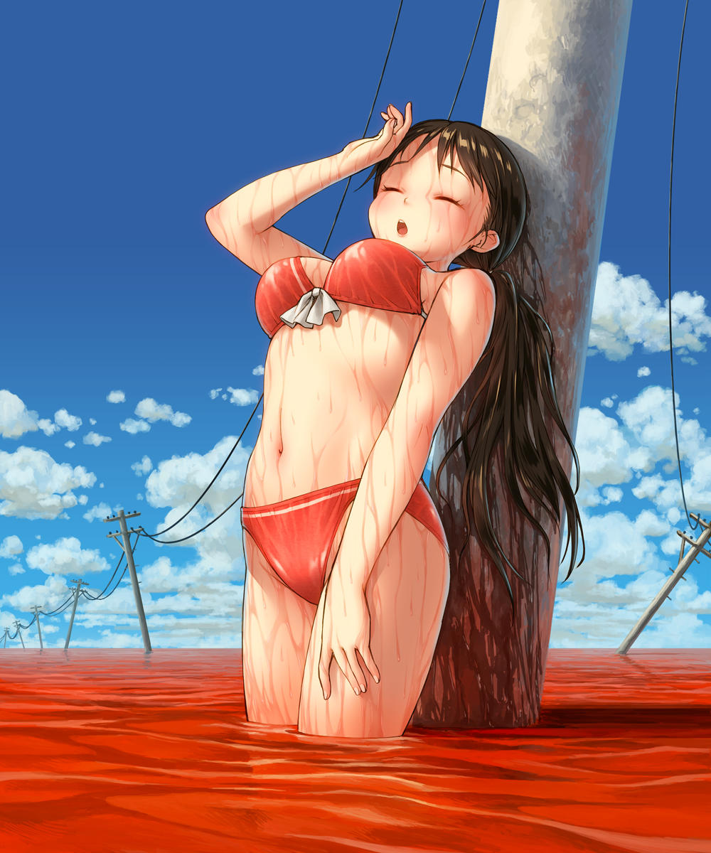 1girl :o arched_back arm_at_side arm_up bikini blue_sky blush breasts brown_hair closed_eyes day hand_on_forehead highres horizon liquid long_hair low_ponytail medium_breasts navel open_mouth original outdoors poripori power_lines red_bikini sky solo standing stomach swimsuit telephone_pole wading wet