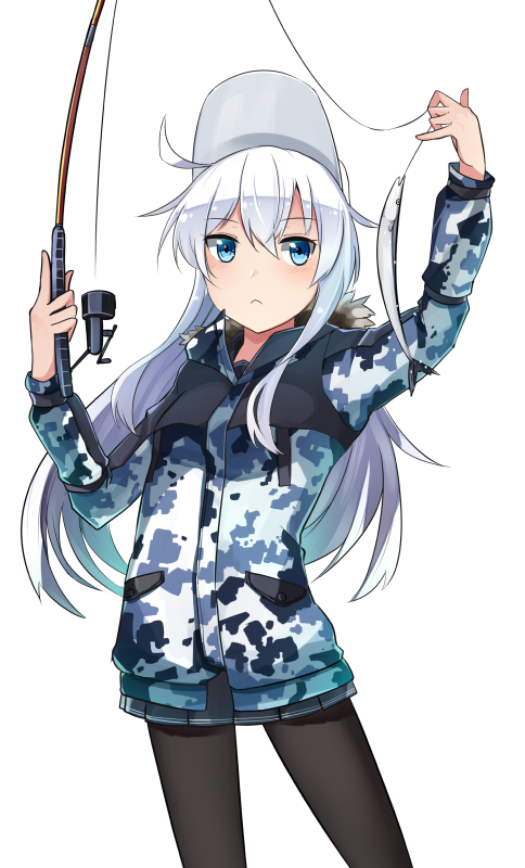 1girl alternate_costume black_legwear black_skirt blue_eyes camouflage camouflage_jacket commentary_request dated digital_camouflage fish fishing_line fishing_rod hair_between_eyes hat hibiki_(kantai_collection) ido_(teketeke) jacket kantai_collection long_hair long_sleeves pantyhose pleated_skirt revision saury sidelocks silver_hair simple_background skirt solo verniy_(kantai_collection) white_background white_hat