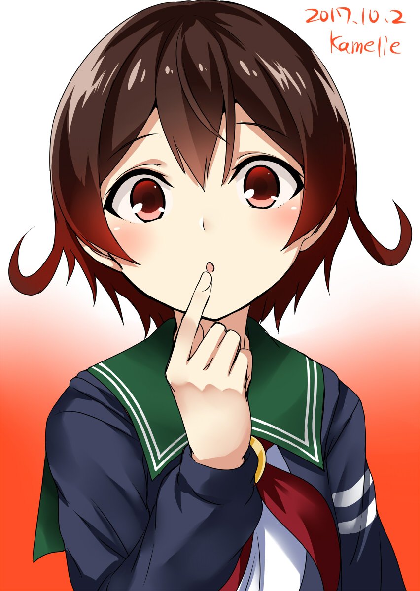 1girl 2017 artist_name blue_jacket brown_hair crescent crescent_moon_pin dated finger_to_mouth gradient gradient_background gradient_hair green_sailor_collar highres jacket kamelie kantai_collection looking_at_viewer multicolored_hair mutsuki_(kantai_collection) neckerchief orange_background red_neckerchief redhead remodel_(kantai_collection) school_uniform serafuku short_hair solo upper_body