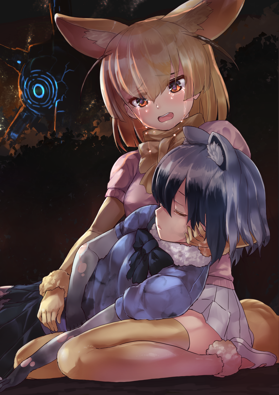 2girls animal_ears black_bow black_hair black_neckwear black_skirt blonde_hair blue_shirt blush bow bowtie closed_eyes commentary_request common_raccoon_(kemono_friends) crying crying_with_eyes_open d: elbow_gloves fennec_(kemono_friends) fox_ears fur_collar fur_trim gloves gradient_hair hand_on_another's_head highres kemono_friends lying monster multicolored_hair multiple_girls on_back open_mouth parted_lips pink_shirt profile raccoon_ears red_eyes shirt shoes short_hair silver_hair skirt sparkle tadano_magu tears thigh-highs torn_clothes torn_gloves white_gloves white_shoes white_skirt yellow_bow yellow_bowtie yellow_gloves yellow_legwear zettai_ryouiki
