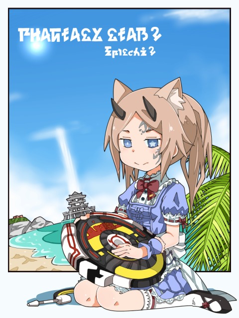 1girl blue_eyes breasts commentary dress horns legs long_hair phantasy_star phantasy_star_online_2 roomba solo yucopi