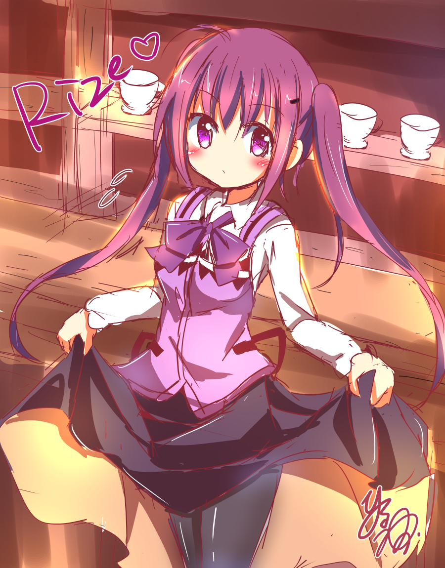 1girl bangs black_legwear blush bow bowtie breasts character_name closed_mouth collared_shirt counter cowboy_shot cup flying_sweatdrops gochuumon_wa_usagi_desu_ka? heart hinata_yuu_(atelierhinata) indoors lifted_by_self long_hair long_sleeves pantyhose purple_bow purple_bowtie purple_hair purple_vest rabbit_house_uniform saucer shelf shirt sidelocks signature sketch skirt skirt_lift small_breasts solo standing tedeza_rize twintails vest violet_eyes white_shirt wing_collar