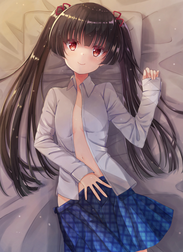 1girl bed_sheet black_hair blue_skirt blush breasts breasts_apart closed_mouth collared_shirt long_hair looking_at_viewer lying masamune_shizuru navel noble_works on_back open_clothes open_shirt pillow plaid plaid_skirt red_eyes rurukuru shirt skirt sleeves_past_wrists small_breasts smile solo twintails very_long_hair white_shirt wing_collar