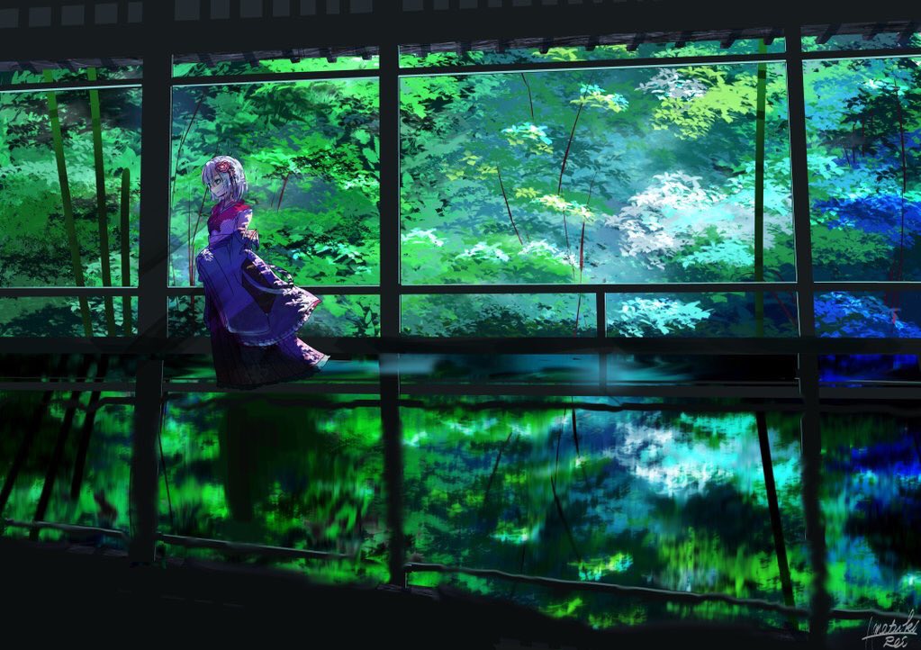 1girl amatsuki_rei commentary_request dappled_sunlight day flower forest from_side grey_hair hair_flower hair_ornament hands_in_sleeves indoors japanese_clothes kimono long_sleeves looking_away nature off_shoulder profile puddle reflection scenery signature sleeves_past_wrists solo standing sunlight tree walking wide_sleeves