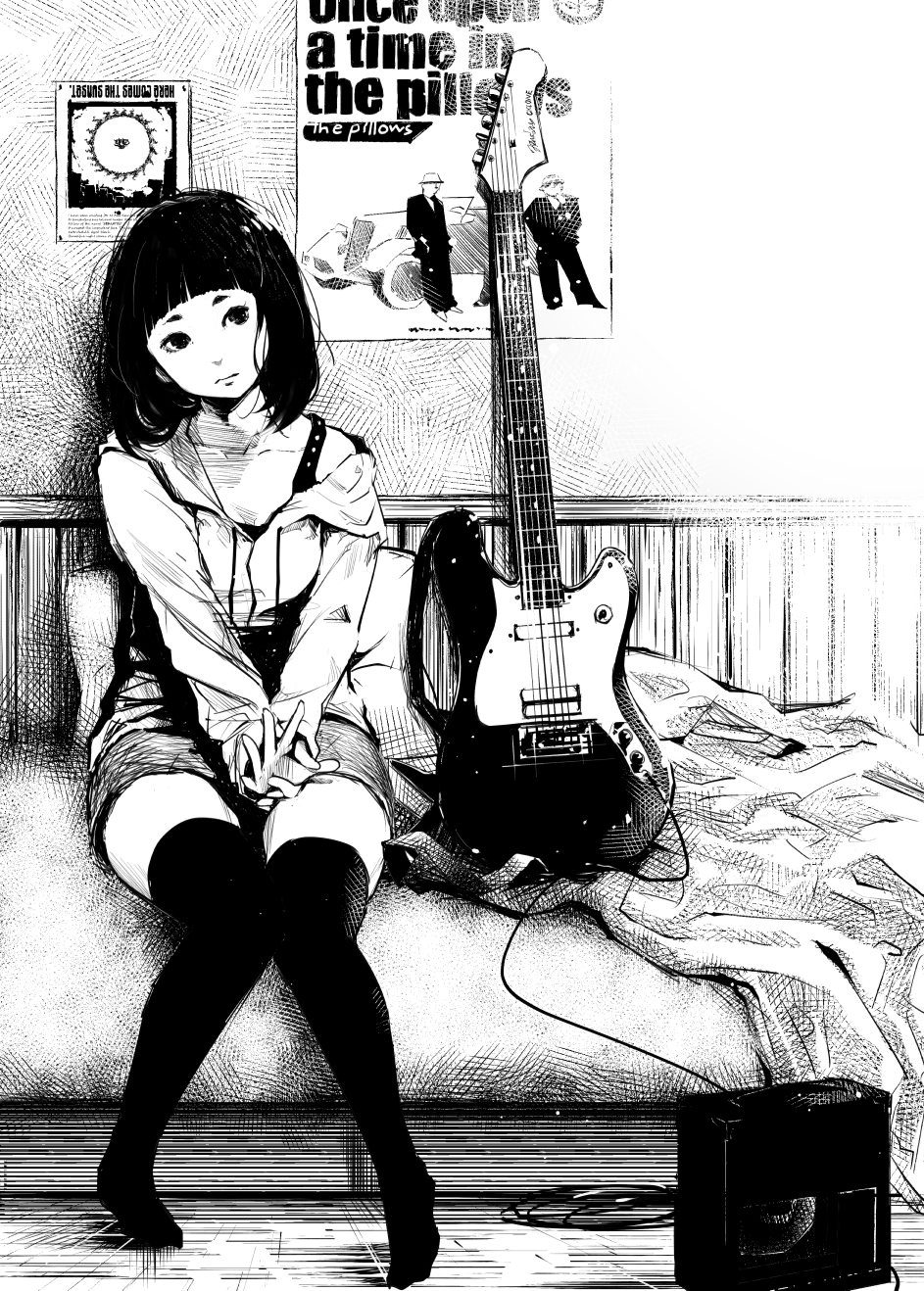 1girl amplifier artist_request bed blanket cable commentary_request guitar highres hood hoodie instrument medium_hair monochrome original poster_(object) short_eyebrows shorts solo tagme the_pillows thigh-highs