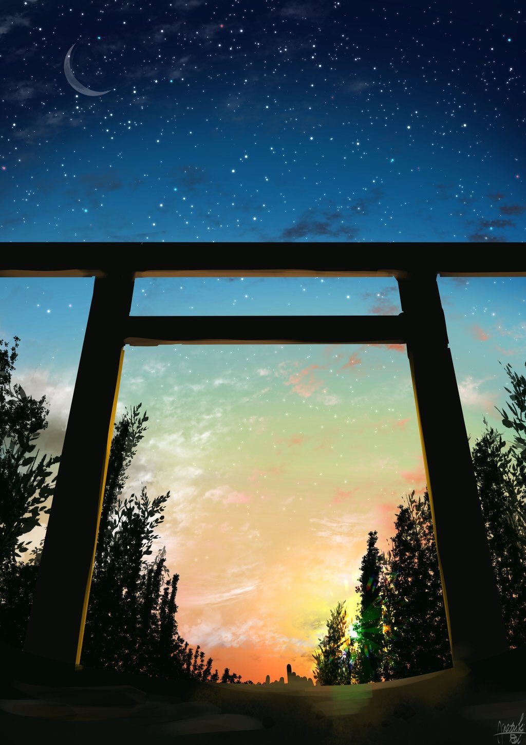 amatsuki_rei blue_sky clouds cloudy_sky commentary_request crescent_moon forest gradient_sky highres moon nature no_humans original outdoors scenery signature sky star_(sky) starry_sky sunset torii tree twilight