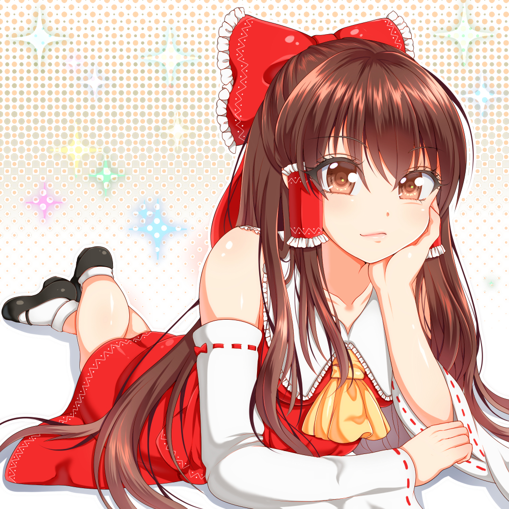 1girl arm_support bangs bare_shoulders blush bow breasts brown_eyes brown_hair crossed_ankles detached_sleeves eyelashes hair_bow hair_tubes hakurei_reimu head_rest high_heels large_bow lips looking_at_viewer lounging lying mary_janes medium_breasts naughty_face on_stomach shoes smile socks solo sparkle straight_hair touhou tsurara0128 yellow_ascot