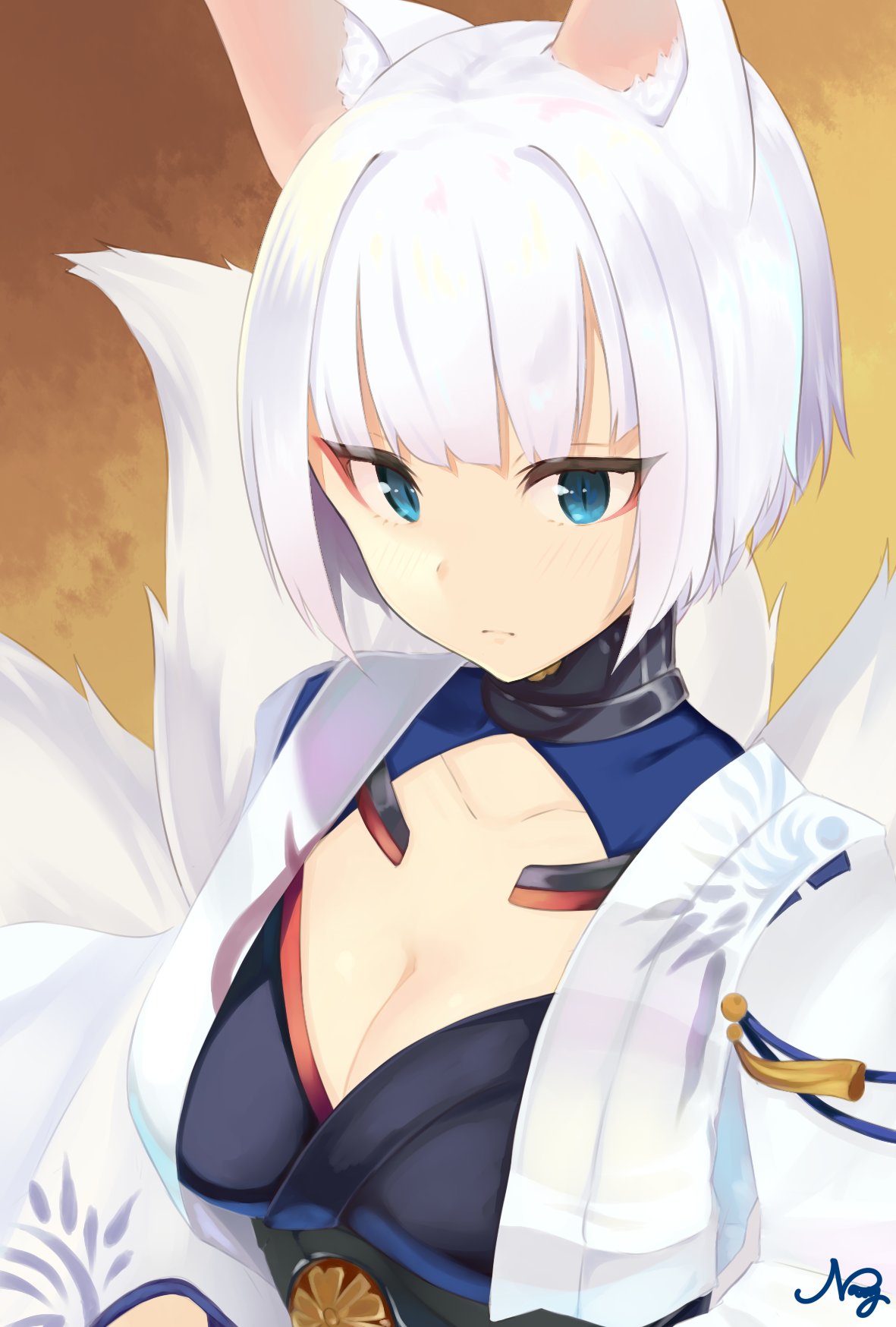 1girl animal_ears artist_request azur_lane bangs blue_eyes breasts choker cleavage closed_mouth collarbone expressionless eyeshadow flush fox_ears fox_tail highres kaga_(azur_lane) kikumon large_breasts looking_at_viewer makeup multiple_tails short_hair solo tail upper_body white_hair