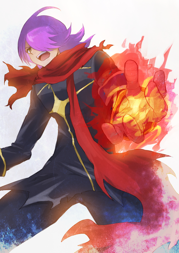 1boy ahoge akycoo aura bandage bandaged_hands black_jacket black_pants burning_hand charging concrete_revolutio cowboy_shot fire foreshortening hair_over_one_eye hitoyoshi_jirou jacket legs_apart long_hair long_sleeves male_focus one_eye_covered open_mouth pants perspective pink_hair red_scarf scarf solo standing yellow_eyes