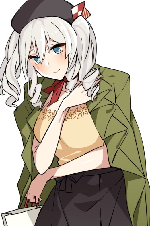 1girl alternate_costume asakawa_(outeq) bag beret black_skirt blue_eyes blush breasts closed_mouth clothes_grab collarbone commentary_request cowboy_shot grey_eyes hair_between_eyes hat holding_bag jacket_on_shoulders kantai_collection kashima_(kantai_collection) large_breasts long_hair neckerchief red_neckerchief shopping_bag sidelocks silver_hair simple_background skirt smile solo tsurime twintails wavy_hair white_background