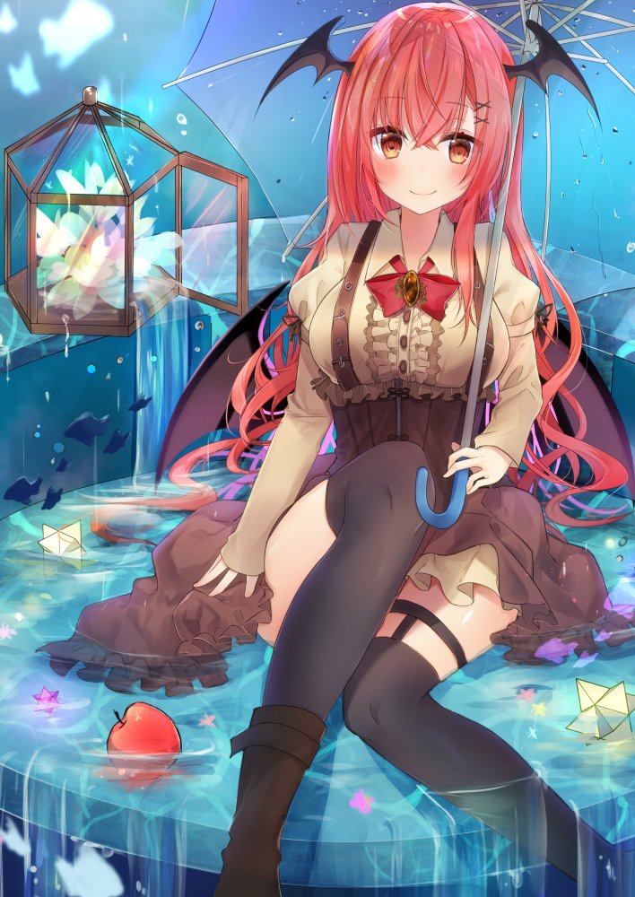 1girl alternate_costume apple bad_id bad_twitter_id bangs black_legwear boots bow bowtie breasts brooch demon_wings flower food fruit hair_ornament head_wings holding holding_umbrella jewelry jpeg_artifacts juliet_sleeves koakuma large_breasts long_hair long_sleeves natsuki_(ukiwakudasai) puffy_sleeves rain red_bow red_bowtie red_eyes redhead sitting smile solo star suspenders thigh-highs touhou transparent_umbrella umbrella water wavy_hair wet wet_clothes wings x_hair_ornament