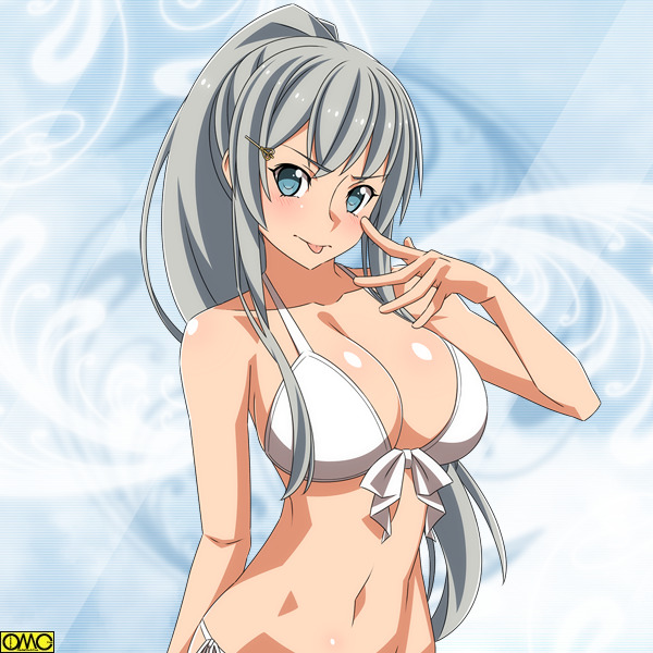 1girl :p arm_at_side bangs bare_arms bare_shoulders bikini blue_background blue_eyes blush breasts cleavage collarbone eyebrows_visible_through_hair finger_to_eye front-tie_bikini front-tie_top hand_up large_breasts looking_back navel omc ponytail ra-pen side-tie_bikini sidelocks silver_hair solo stomach swimsuit tongue tongue_out upper_body white_bikini