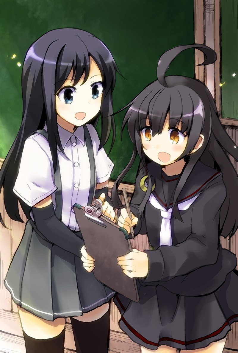 2girls :d ahoge arm_warmers asashio_(kantai_collection) black_hair black_legwear black_serafuku black_skirt blue_eyes chalkboard crescent crescent_moon_pin eyebrows_visible_through_hair grey_skirt indoors kantai_collection long_hair long_sleeves mikazuki_(kantai_collection) mizumoto_tadashi multiple_girls necktie open_mouth pleated_skirt school_uniform serafuku shirt short_sleeves skirt smile suspenders thigh-highs white_necktie white_shirt yellow_eyes