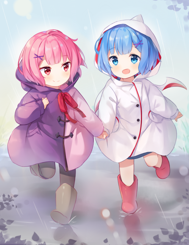2girls :d bangs black_legwear blue_eyes blue_hair blunt_bangs boots brown_footwear child closed_mouth coat commentary cosplay day eyebrows_visible_through_hair hair_ornament hairclip hakugei_(re:zero) hakugei_(re:zero)_(cosplay) hand_holding hitsukuya hood hood_down hood_up long_sleeves looking_at_another multiple_girls neck_ribbon open_mouth outdoors pantyhose pink_eyes pink_hair puddle purple_coat rain raincoat ram_(re:zero) re:zero_kara_hajimeru_isekai_seikatsu red_boots red_ribbon rem_(re:zero) ribbon running short_hair smile standing standing_on_one_leg white_coat x_hair_ornament younger