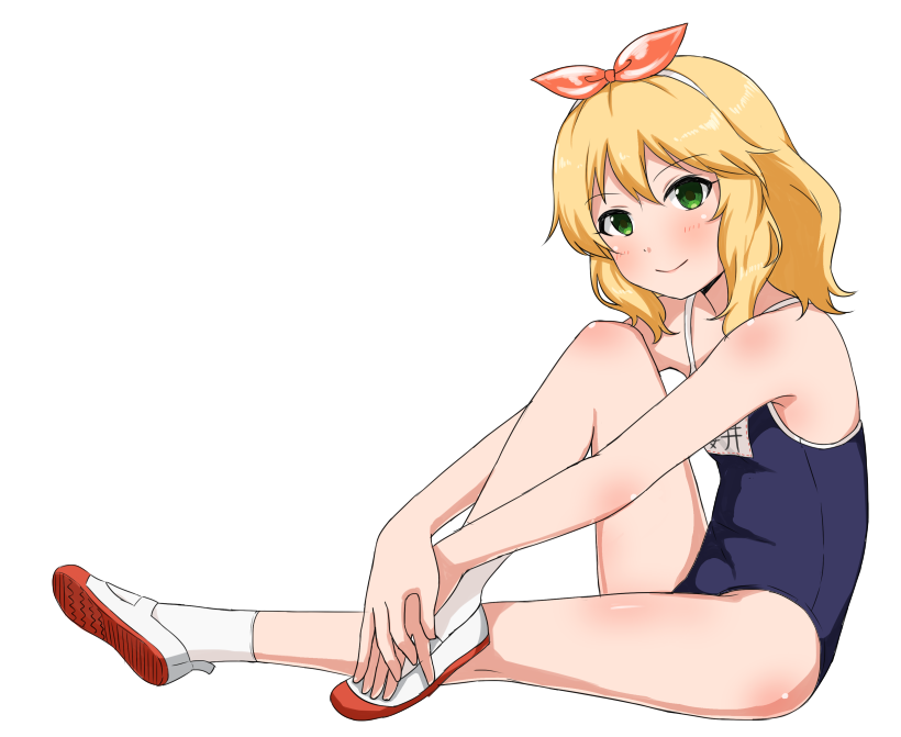 1girl bare_arms bare_legs bare_shoulders blonde_hair blue_swimsuit blush closed_mouth eyebrows_visible_through_hair from_side full_body green_eyes hair_ribbon hairband hands_on_own_feet idolmaster idolmaster_cinderella_girls knee_up kneehighs legs_crossed looking_at_viewer looking_to_the_side name_tag one-piece_swimsuit pink_ribbon ribbon sakurai_momoka school_swimsuit shoes short_hair simple_background sitting smile solo stretch swimsuit udan uwabaki white_background white_legwear white_shoes