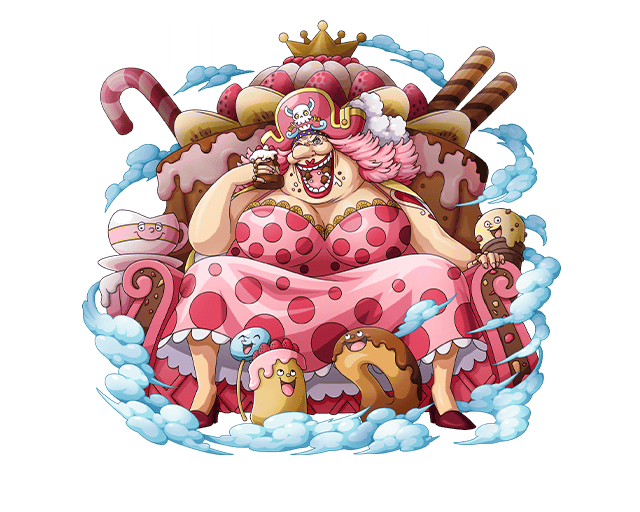 1girl bodskih breasts cake charlotte_linlin cleavage crown dress eating fat food fruit hat high_heels jewelry lipstick long_hair makeup official_art one_piece open_mouth pink_hair pirate_hat ring sitting solo strawberry teeth transparent_background