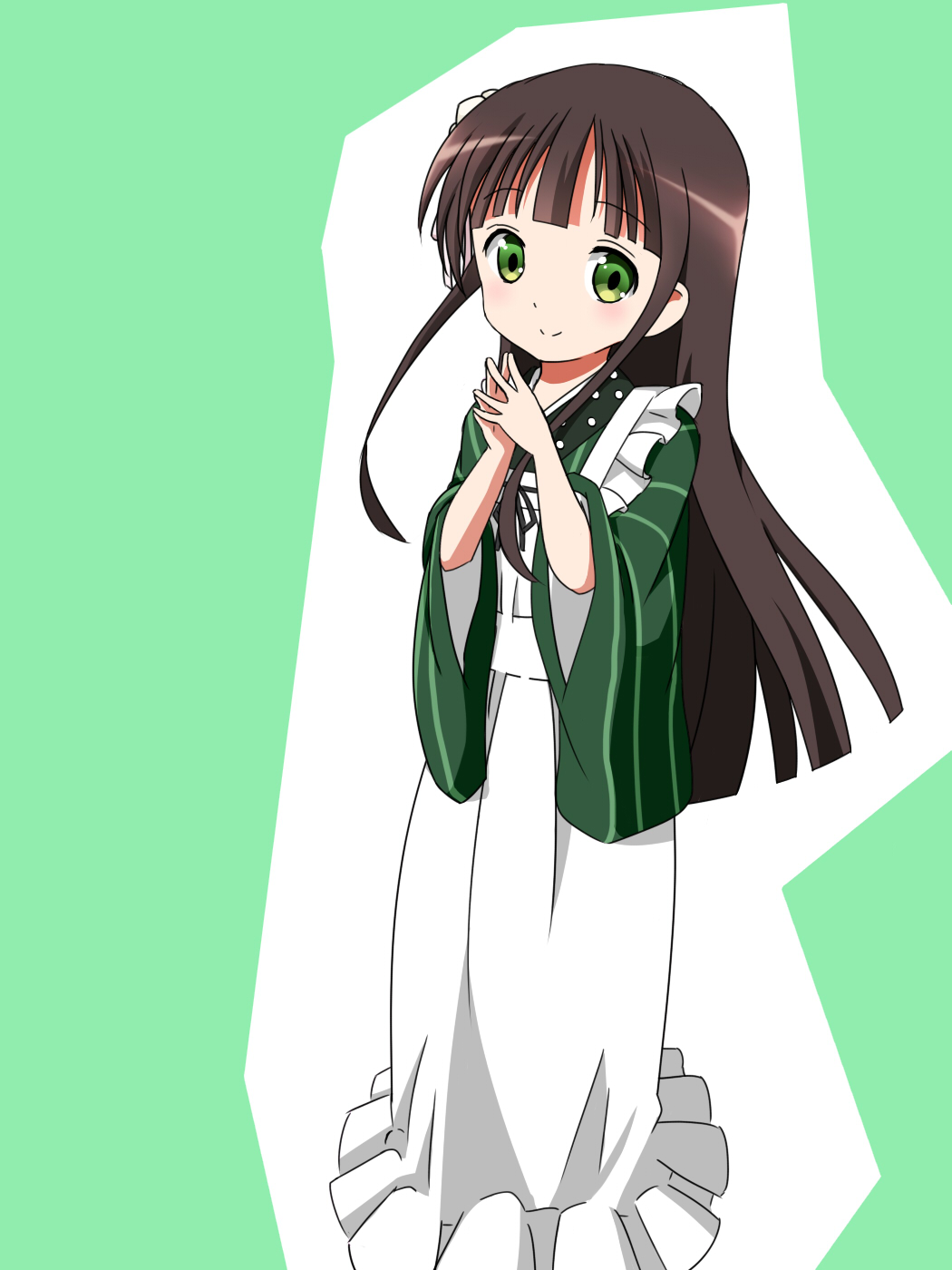 1girl ama_usa_an_uniform apron bangs blunt_bangs blush brown_hair chocolate_hair closed_mouth commentary_request eyebrows_visible_through_hair fingers_together flat_chest flower frilled_apron frills gochuumon_wa_usagi_desu_ka? green_eyes green_kimono hair_flower hair_ornament highres japanese_clothes kimono long_hair long_sleeves looking_at_viewer maid_apron mijinkoo pink_ribbon polka_dot_trim ribbon sidelocks smile solo standing striped striped_kimono two-tone_background ujimatsu_chiya white_apron white_flower wide_sleeves