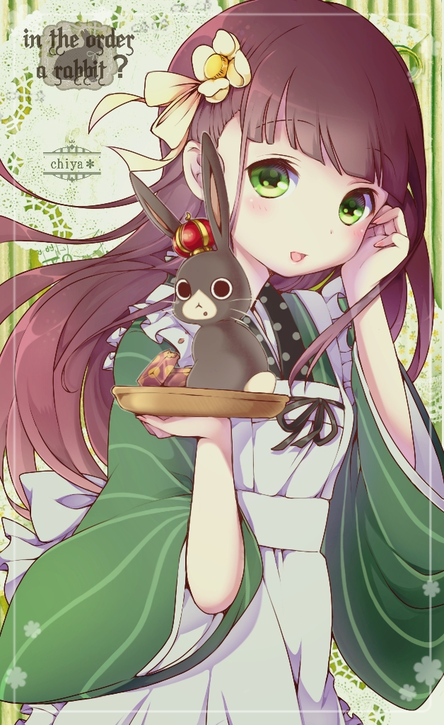 1girl :d ama_usa_an_uniform animal anko_(gochiusa) apron bangs blunt_bangs blush breasts brown_hair character_name chocolate_hair commentary_request copyright_name cowboy_shot eyebrows_visible_through_hair flower food gochuumon_wa_usagi_desu_ka? green_background green_eyes green_kimono hair_flower hair_ornament holding holding_tray japanese_clothes kimono long_hair long_sleeves looking_at_viewer maid_apron open_mouth polka_dot_trim rabbit ribbon ro_(igris-geo) small_breasts smile striped striped_kimono tray ujimatsu_chiya vertical-striped_background vertical_stripes wagashi white_apron white_flower white_ribbon wide_sleeves youkan_(food)