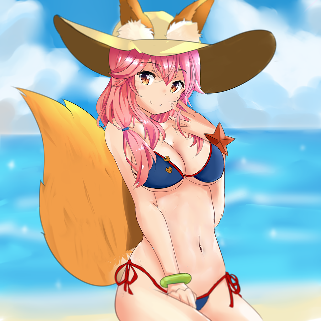 1girl animal_ears beach bikini blue_bikini blush breasts cleavage day ears_through_headwear fate/grand_order fate_(series) fox_ears fox_tail hat kyoze_(dajoubf33) large_breasts light_smile long_hair looking_at_viewer navel ocean outdoors pink_hair solo swimsuit tail tamamo_(fate)_(all) tamamo_no_mae_(swimsuit_lancer)_(fate) yellow_eyes