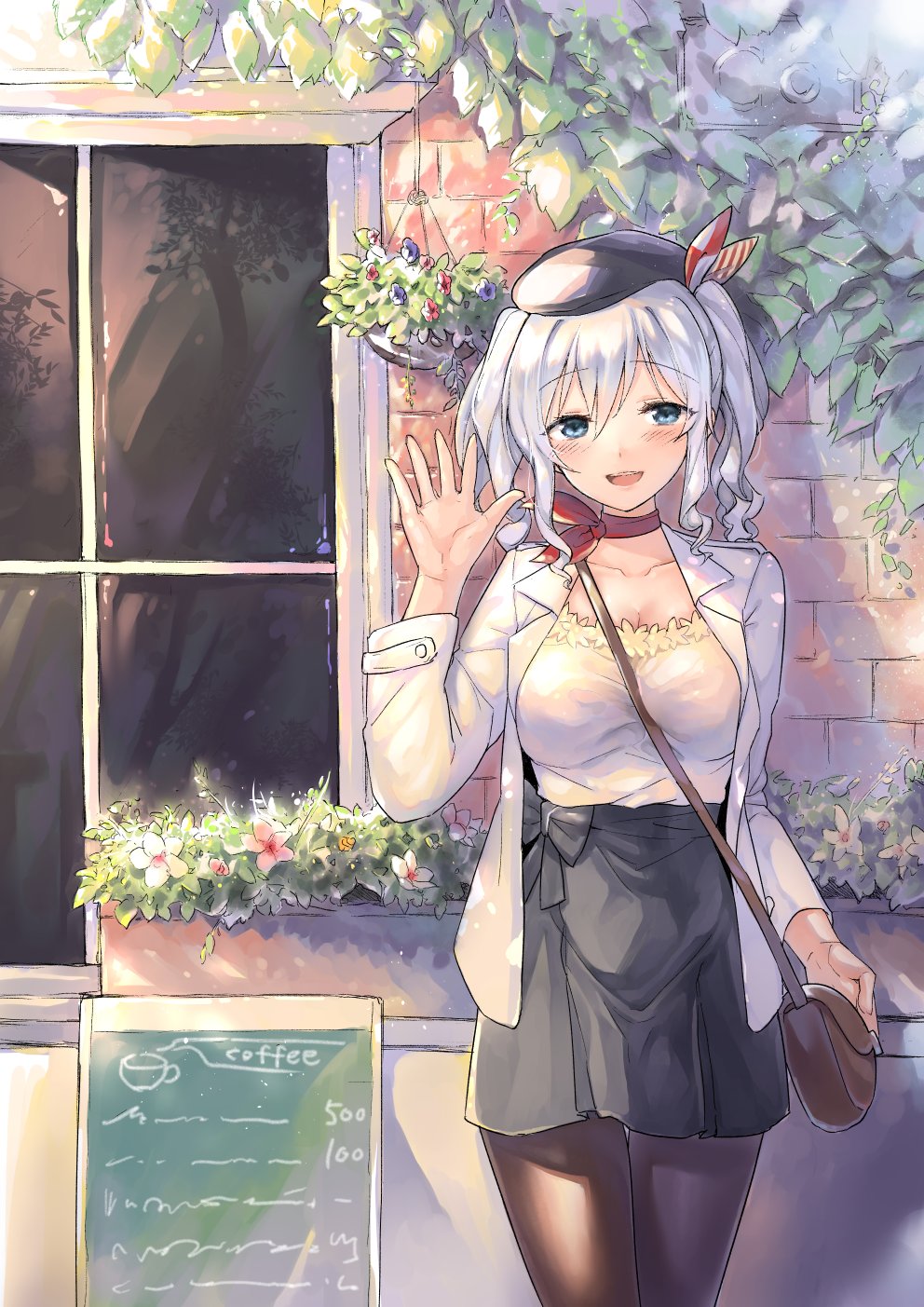 1girl :d ascot beret between_breasts blue_eyes blush breasts brown_legwear casual cleavage collarbone cowboy_shot eyebrows_visible_through_hair fukuroumori hat high-waist_skirt highres kantai_collection kashima_(kantai_collection) large_breasts looking_at_viewer open_mouth outdoors outstretched_hand pantyhose shoulder_blades sidelocks silver_hair skirt smile solo strap_cleavage twintails
