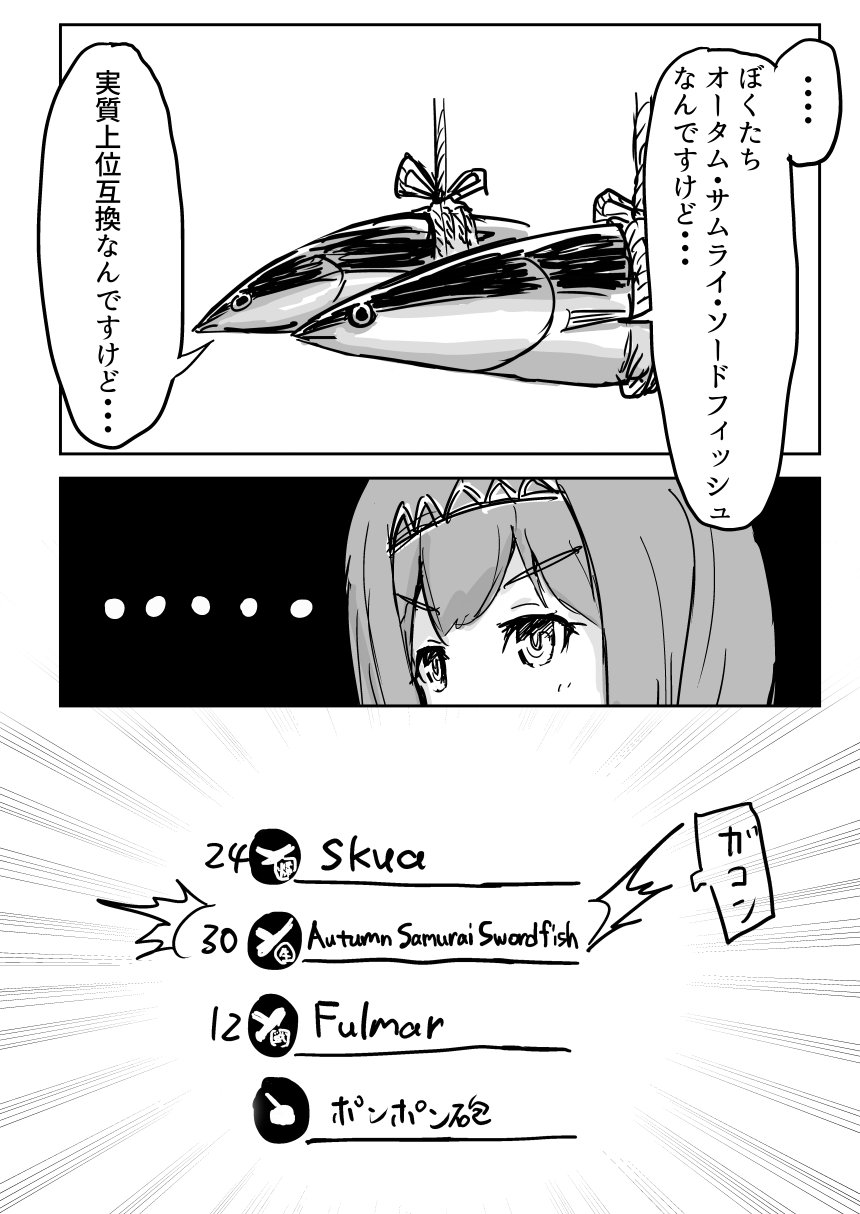 ... 1girl ark_royal_(kantai_collection) bob_cut bound comic fish gloves gyorui_(amezari) hairband highres kantai_collection monochrome shaded_face short_hair smile tiara tied_up translation_request