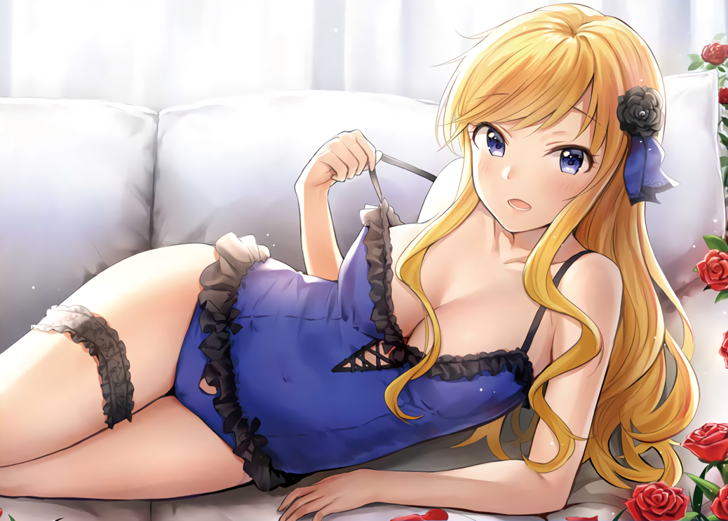 1girl bangs blonde_hair blue_eyes breasts cleavage collarbone covered_navel cropped detexted eyebrows_visible_through_hair flower hair_flower hair_ornament hair_ribbon idolmaster idolmaster_cinderella_girls large_breasts leg_garter lingerie long_hair looking_at_viewer lossy-lossless lying on_side ootsuki_yui open_mouth petals ribbon rose rose_petals sidelocks solo strap_slip swept_bangs takeashiro underwear underwear_only