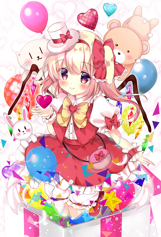 1girl balloon bear blonde_hair bloomers blush bow bowtie cat closed_mouth crystal flandre_scarlet frilled_shirt frilled_skirt frills full_body hair_bow hat hat_bow heart looking_at_viewer mini_hat mini_top_hat puffy_short_sleeves puffy_sleeves rabbit red_bow red_eyes red_skirt red_vest rika-tan_(rikatantan) shirt short_sleeves side_ponytail skirt skirt_set smile solo star top_hat touhou underwear vest white_shirt wings wrist_cuffs yellow_bow yellow_bowtie