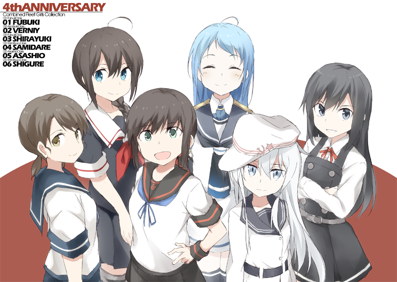 6+girls ahoge anchor_print asashio_(kantai_collection) belt black_eyes black_gloves black_hair black_legwear black_skirt blue_eyes blue_hair blue_neckwear blue_ribbon blush braid brown_eyes brown_hair buttons closed_eyes closed_mouth collared_shirt commentary_request crossed_arms dress elbow_gloves eyes_visible_through_hair flat_cap fubuki_(kantai_collection) gloves green_eyes hair_between_eyes hair_over_shoulder hammer_and_sickle hands_on_hips hat hibiki_(kantai_collection) jacket kantai_collection long_hair long_sleeves looking_at_viewer low_ponytail low_twintails multiple_girls neck_ribbon neckerchief open_mouth pinafore_dress pleated_skirt red_neckerchief red_ribbon remodel_(kantai_collection) ribbon sailor_collar samidare_(kantai_collection) school_uniform serafuku shirayuki_(kantai_collection) shirt short_sleeves silver_hair single_braid skirt sleeveless sleeveless_shirt smile souji star thigh-highs twintails verniy_(kantai_collection) white_hair white_serafuku white_shirt