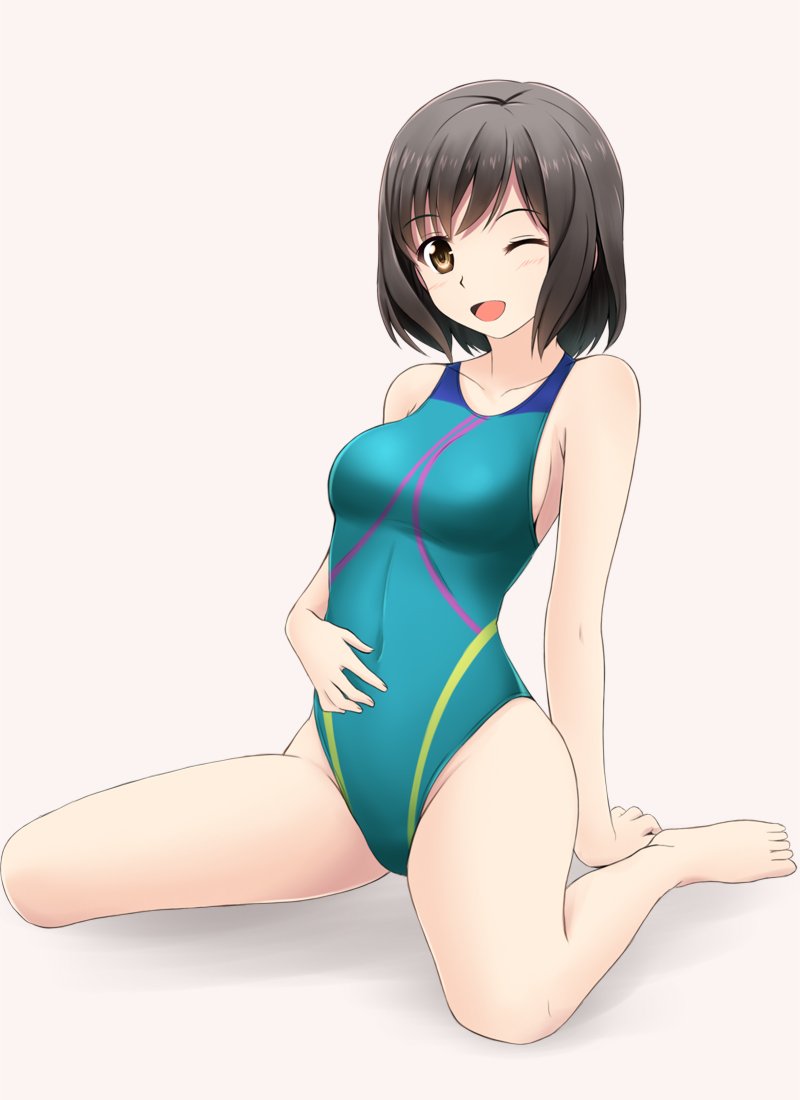 1girl aqua_swimsuit barefoot black_hair brown_eyes competition_swimsuit covered_navel fuuma_nagi looking_at_viewer one-piece_swimsuit one_eye_closed open_mouth original short_hair simple_background sitting smile solo swimsuit wariza white_background