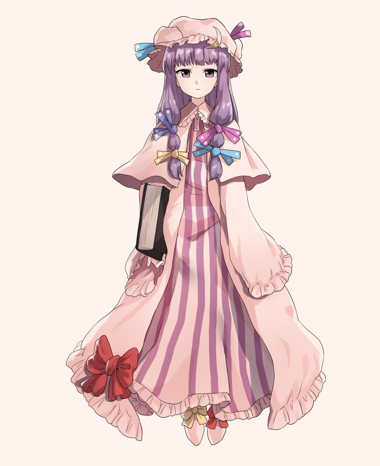 1girl book capelet dress expressionless frilled_dress frills hair_ribbon hat hat_ribbon holding holding_book long_hair mob_cap patchouli_knowledge purple_hair ribbon rion_(glayjirobass) simple_background striped striped_dress the_embodiment_of_scarlet_devil tied_hair touhou violet_eyes