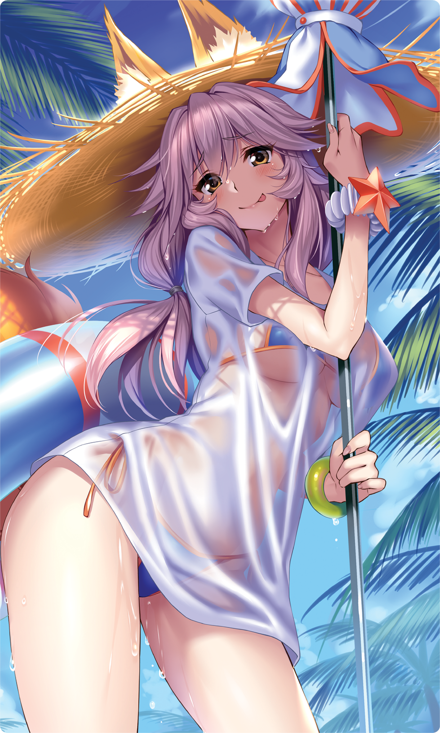 1girl :p animal_ears bikini bikini_top bikini_under_clothes blue_bikini blue_sky blush bracelet breasts brown_eyes contrapposto cowboy_shot day eyebrows_visible_through_hair fate/grand_order fate_(series) fox_ears fox_tail hat highres innertube jewelry large_breasts leaning_forward long_hair looking_at_viewer outdoors pink_hair piromizu see-through shirt side-tie_bikini sky solo straw_hat swimsuit tail tamamo_(fate)_(all) tamamo_no_mae_(swimsuit_lancer)_(fate) tongue tongue_out under_boob wet wet_clothes wet_hair wet_shirt