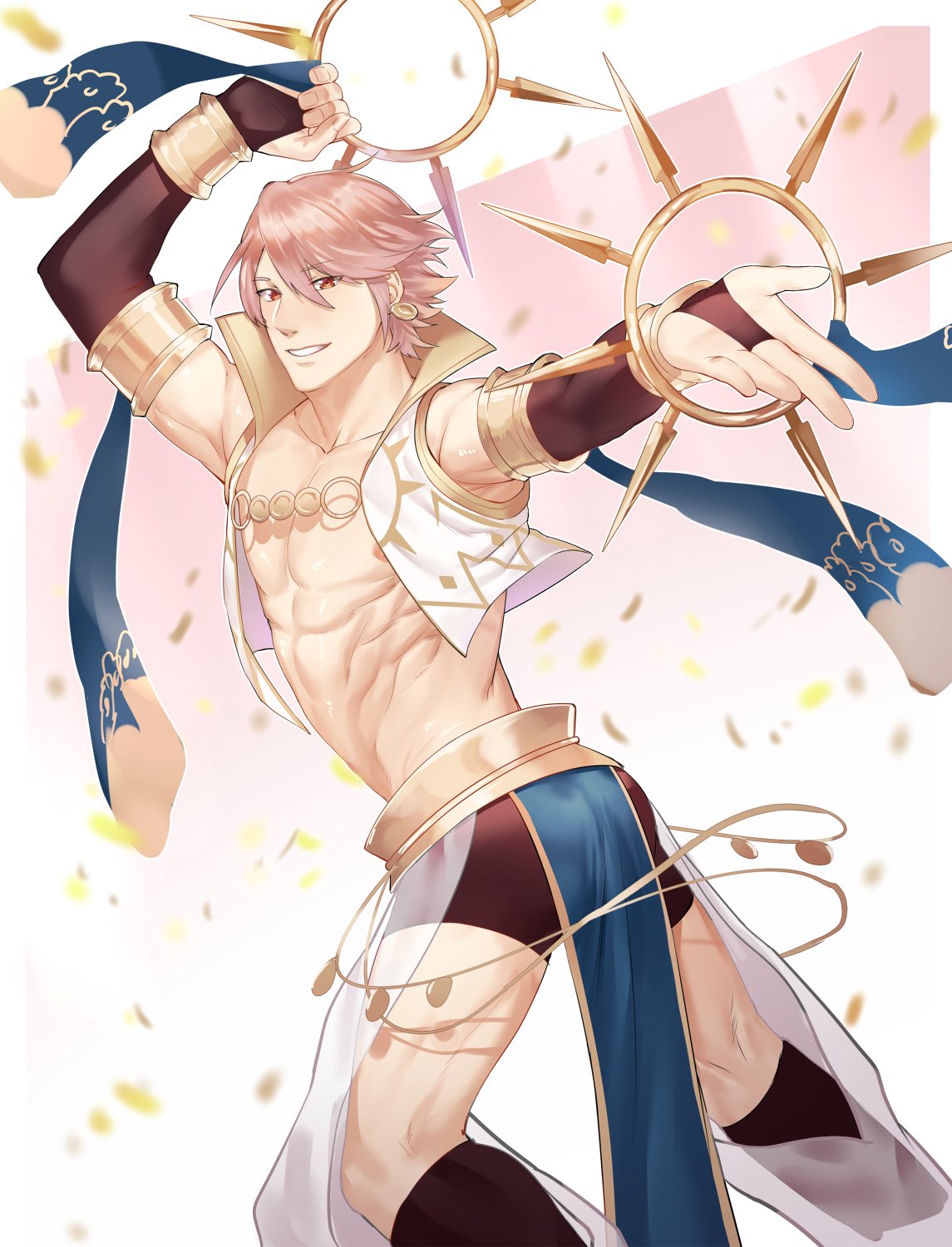 1boy abs azur_(fire_emblem) dancing elbow_gloves fire_emblem fire_emblem:_kakusei fire_emblem_heroes fire_emblem_if gloves highres looking_at_viewer pink_hair red_eyes shorts simple_background smile solo white_background zhineart