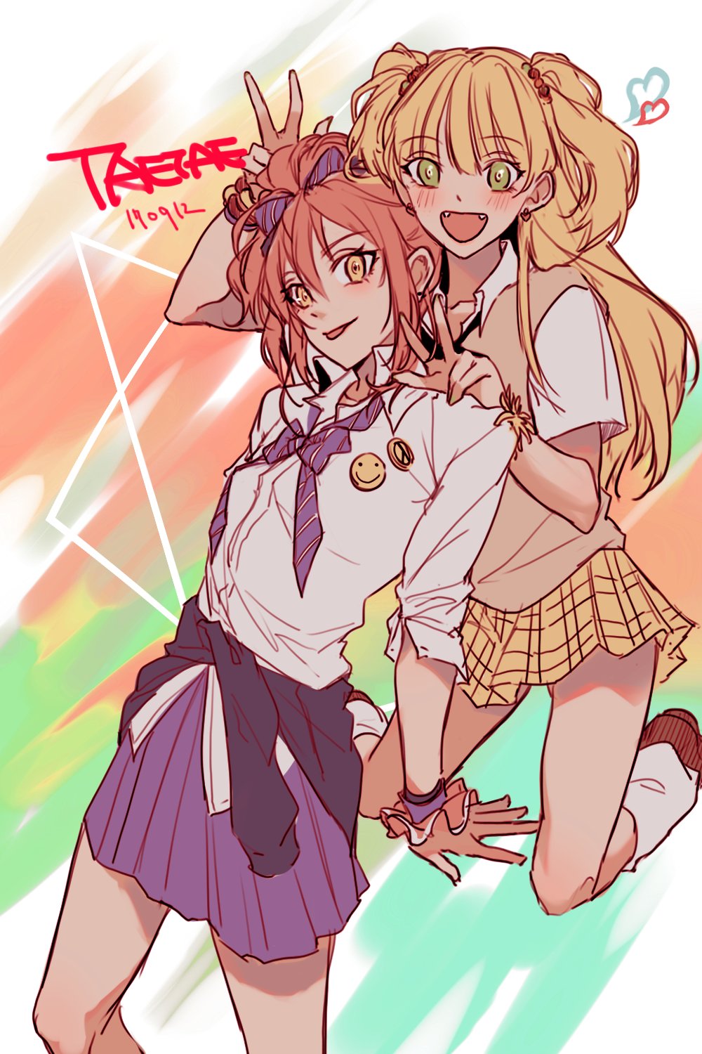 2girls artist_name clothes_around_waist commentary_request dated fang_out gyaru hair_ribbon highres jacket_around_waist multiple_girls ribbon school_uniform smiley_face v