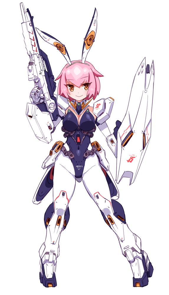 animal_ears beam_rifle breasts char's_counterattack cleavage dofn energy_gun gundam mecha_musume medium_breasts nu_gundam pink_hair rabbit_ears shield short_hair standing weapon yellow_eyes