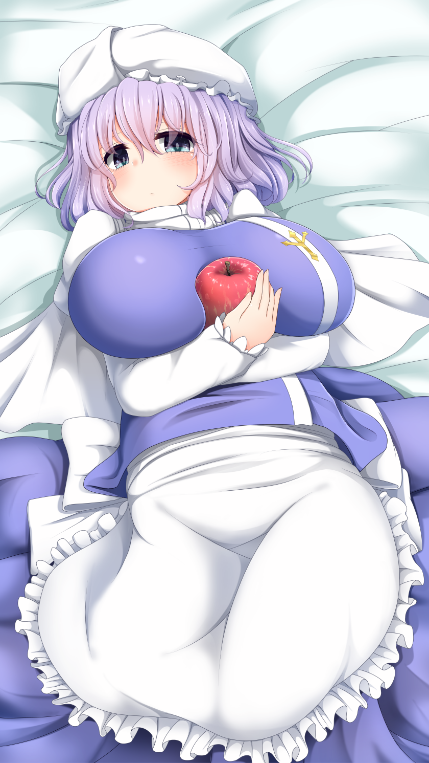1girl apple apron bangs bed_sheet blue_eyes blue_skirt blush breasts capelet food fruit hair_between_eyes hat highres holding holding_fruit huge_breasts lavender_hair letty_whiterock long_sleeves looking_at_viewer lying shiro_oolong-cha skirt skirt_set solo touhou white_hat