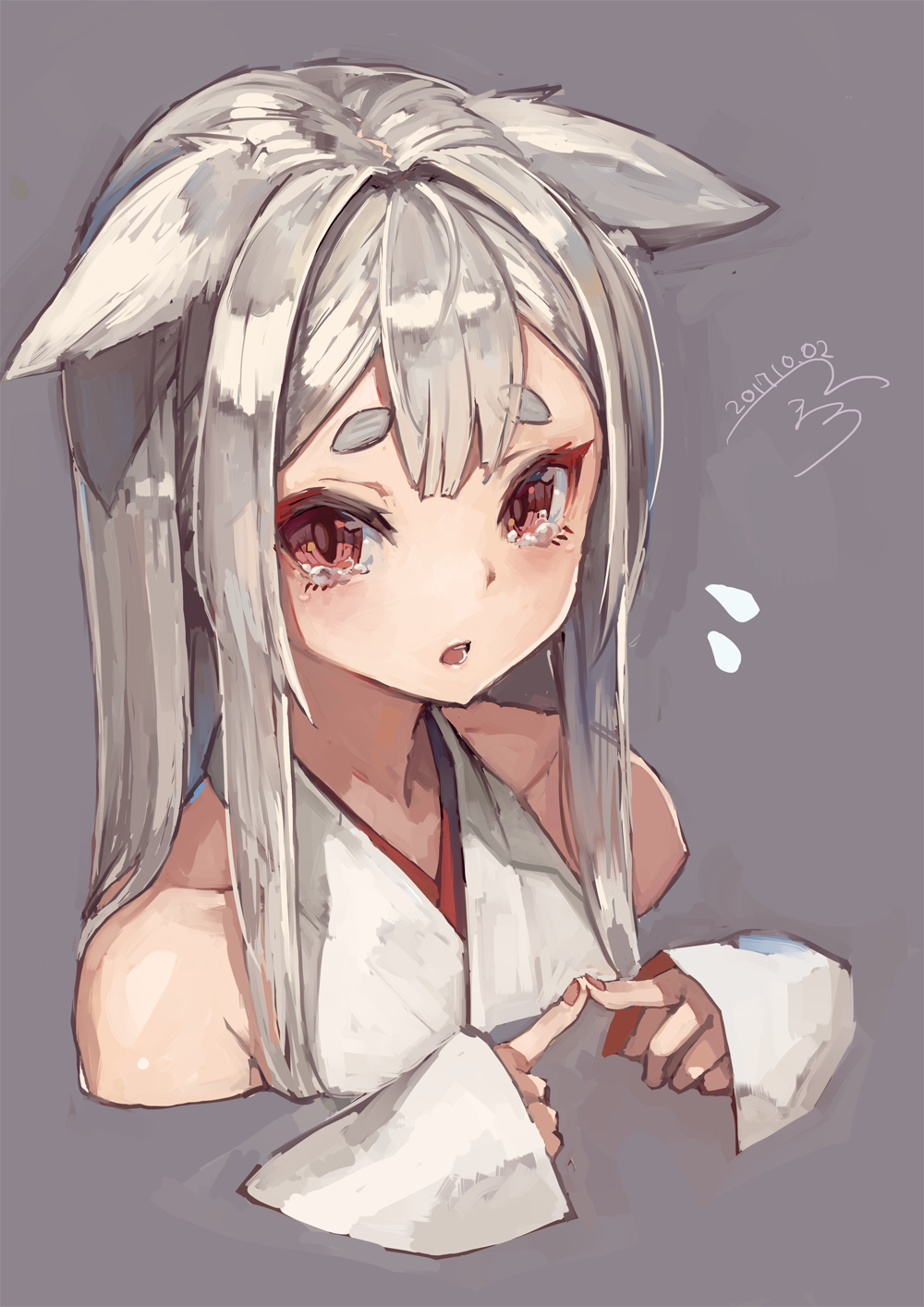 1girl animal_ears bangs bare_shoulders blunt_bangs blush commentary_request cropped_torso dated dress embarrassed eyebrows_visible_through_hair fidgeting fox_ears grey_background grey_hair highres japanese_clothes long_hair long_sleeves looking_at_viewer nail_polish original parted_lips pink_nails red_eyes short_eyebrows signature simple_background sleeveless sleeves_past_wrists slit_pupils solo suzuno_(bookshelf) sweatdrop tears thick_eyebrows white_dress