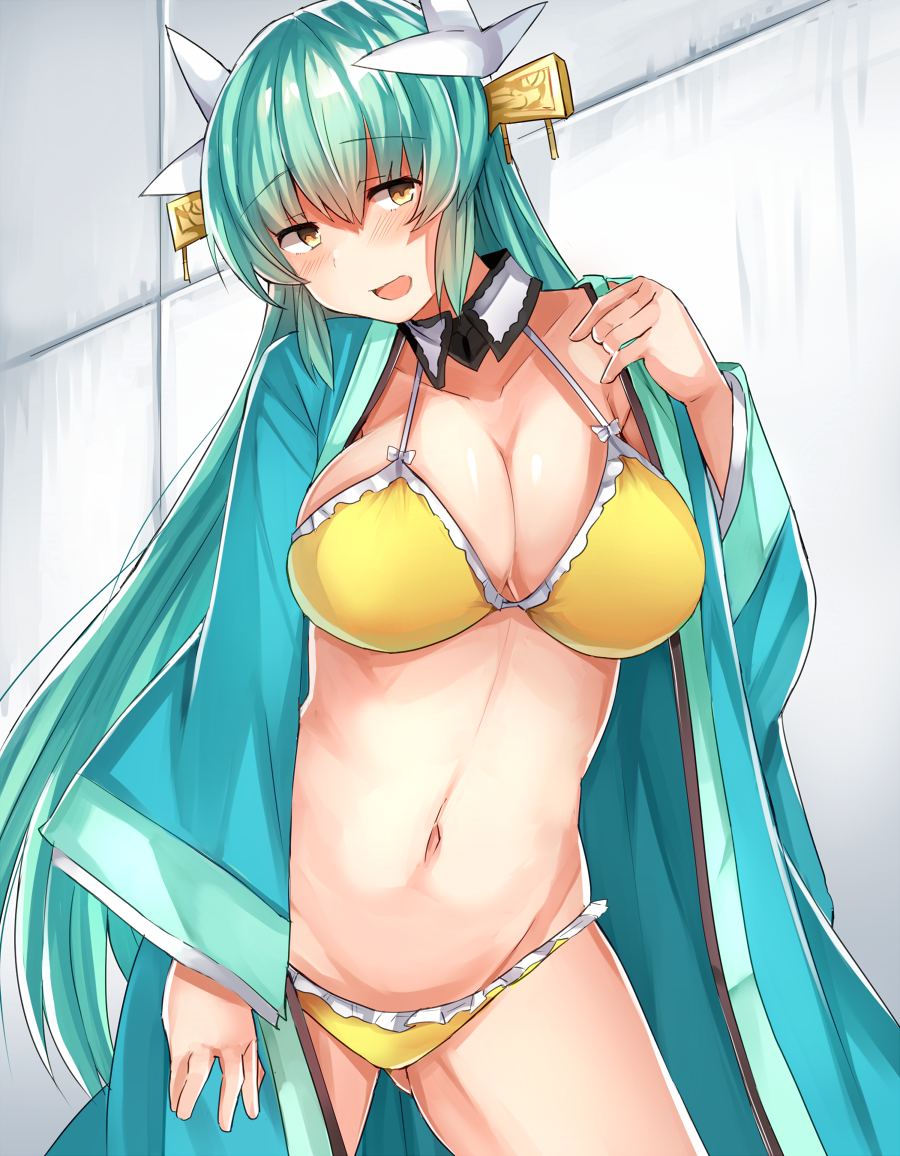 1girl :d aqua_hair bangs bikini blush breasts coat commentary_request contrapposto cowboy_shot detached_collar eyebrows_visible_through_hair fate/grand_order fate_(series) gluteal_fold hair_between_eyes hair_ornament horns kiyohime_(fate/grand_order) large_breasts long_hair long_sleeves looking_at_viewer navel open_mouth sabujiroko smile solo standing swimsuit very_long_hair wide_sleeves yellow_bikini yellow_eyes