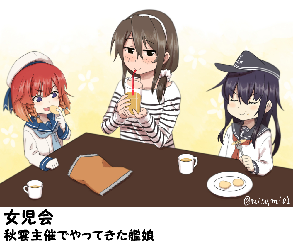 3girls akatsuki_(kantai_collection) anchor_symbol ashigara_(kantai_collection) braid brown_hair drinking_cup drinking_straw etorofu_(kantai_collection) fork hat kantai_collection long_sleeves misumi_(niku-kyu) multiple_girls open_mouth purple_hair redhead sailor_hat school_uniform serafuku shirt short_hair snack translation_request twin_braids