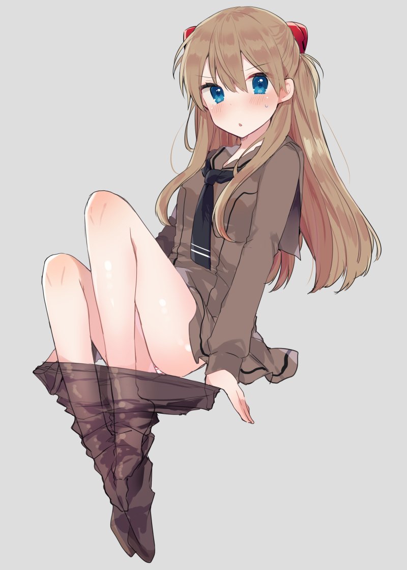 1girl :o bare_legs black_neckwear blue_eyes blush brown_hair brown_legwear brown_sailor_collar brown_shirt brown_skirt eyebrows_visible_through_hair full_body grey_background hair_between_eyes headgear ikeuchi_tanuma long_hair long_sleeves looking_at_viewer necktie neon_genesis_evangelion no_shoes panties pantyhose pantyhose_pull pantyshot pantyshot_(sitting) parted_lips pulled_by_self sailor_collar school_uniform serafuku shirt simple_background sitting skirt solo souryuu_asuka_langley striped striped_panties sweatdrop underwear undressing white_panties