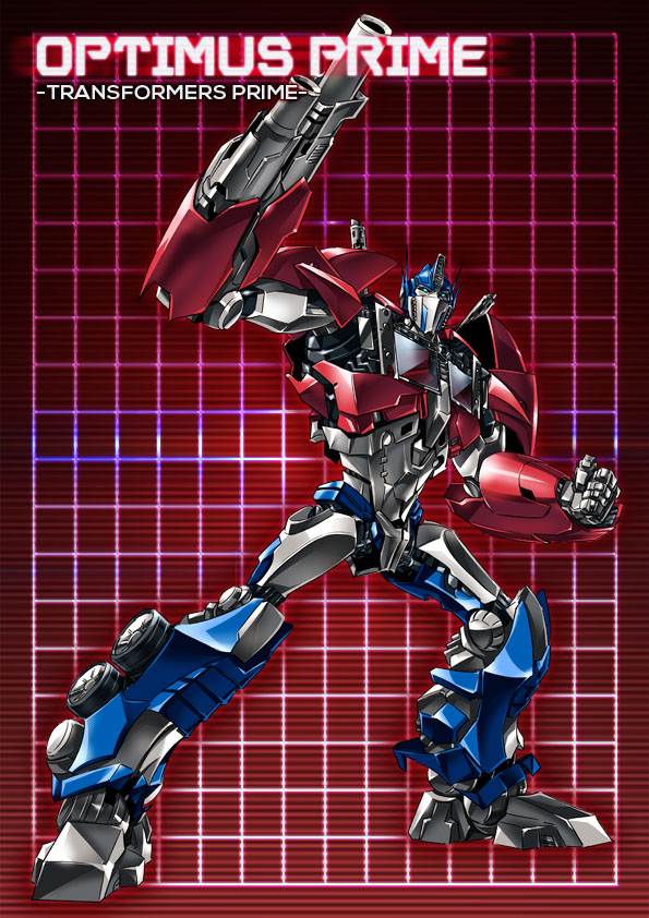 1boy autobot blue_eyes cannon character_name clenched_hand full_body grid grid_background headgear looking_at_viewer machine machinery mecha no_humans optimus_prime paintedmike red_background robot solo transformers transformers_prime weapon