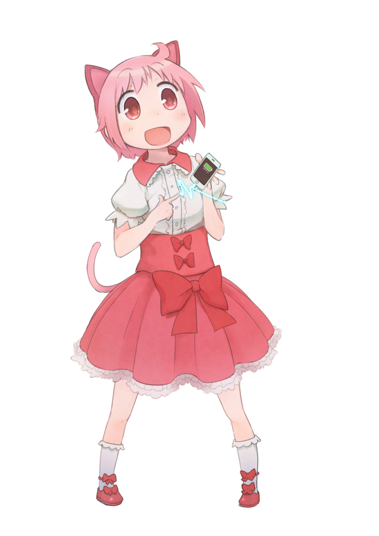 1girl ahoge animal_ears blush bow cat_ears cat_tail cellphone electricity eyebrows_visible_through_hair full_body holding holding_cellphone holding_phone kneehighs looking_at_viewer nonohara_yuzuko okayparium open_mouth phone pink_eyes pink_hair red_bow short_hair smartphone smile solo tail white_legwear yuyushiki