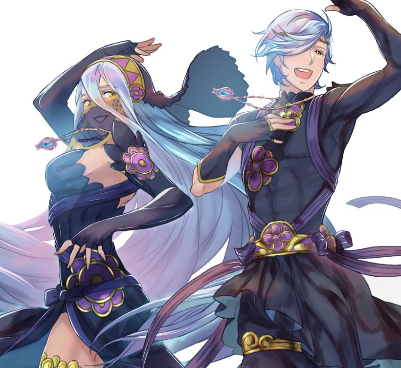 1boy 1girl aqua_(fire_emblem_if) blue_hair dancing dress elbow_gloves fire_emblem fire_emblem_heroes fire_emblem_if gloves jewelry krazehkai long_hair looking_at_viewer mother_and_son music necklace shigure_(fire_emblem_if) short_hair simple_background singing smile veil white_background yellow_eyes