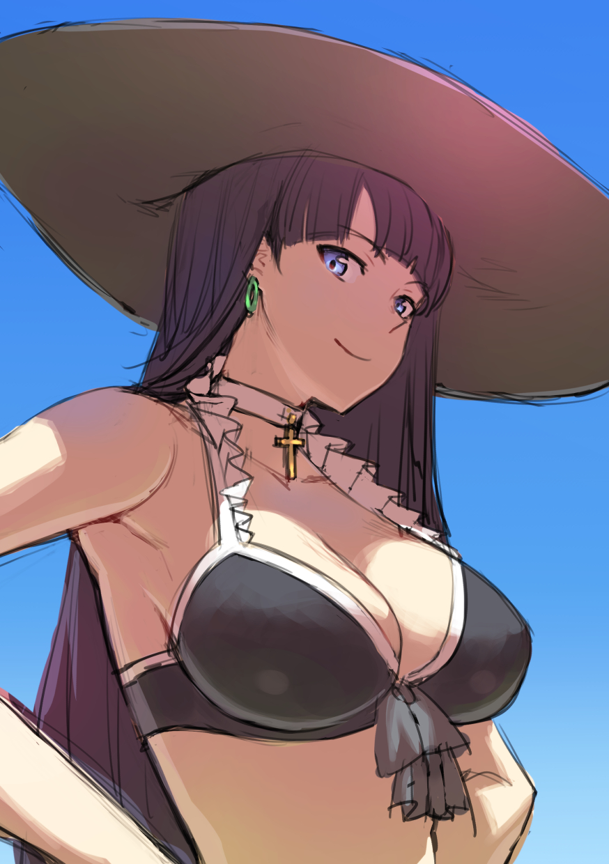 1girl armpits bangs bare_arms bare_shoulders bikini black_bikini blue_sky blunt_bangs bow breasts brown_hat choker cleavage closed_mouth collarbone cross earrings emoshon eyebrows_visible_through_hair facing_away fate/grand_order fate_(series) frilled_bikini frills front-tie_bikini front-tie_top grey_bow hands_on_hips hat highres hoop_earrings jewelry large_breasts lavender_eyes long_hair looking_at_viewer midriff outdoors purple_hair saint_martha saint_martha_(swimsuit_ruler)_(fate) sky smile solo straight_hair sun_hat swimsuit upper_body very_long_hair white_choker