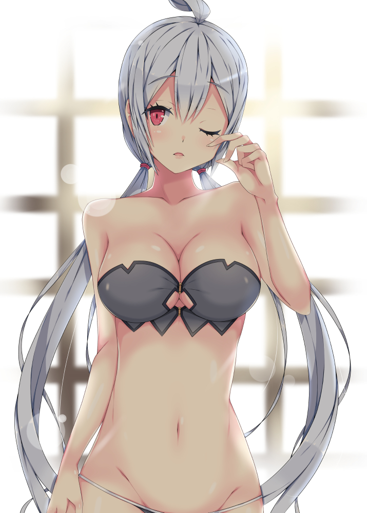 1girl ahoge arm_at_side blurry blurry_background breasts cleavage collarbone eyebrows_visible_through_hair grey_hair groin hair_between_eyes hand_on_own_cheek head_tilt large_breasts lens_flare light_blue_hair light_blush long_hair looking_at_viewer looking_away lowleg matoi_(pso2) milkpanda one_eye_closed open_mouth phantasy_star phantasy_star_online_2 red_eyes solo standing twintails underwear underwear_only upper_body