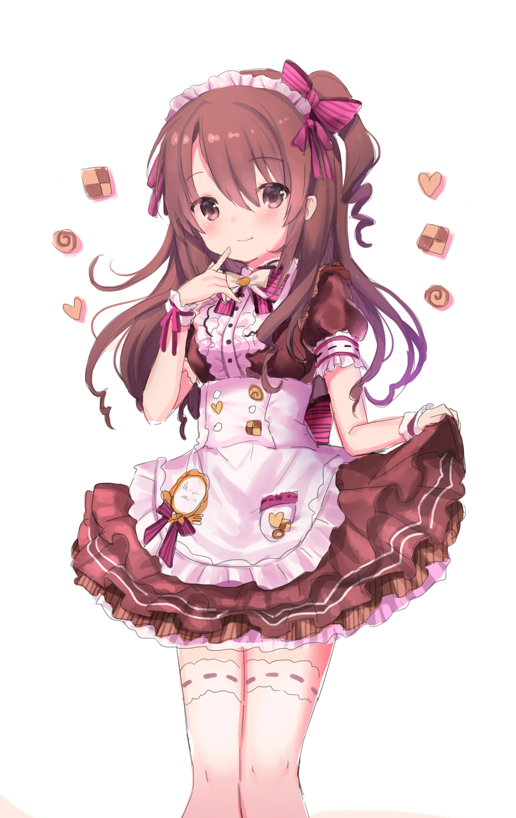 1girl apron blush bow brown_eyes brown_hair brown_shirt brown_skirt checkerboard_cookie closed_mouth commentary_request cookie eyebrows_visible_through_hair finger_to_mouth food frilled_apron frilled_shirt frills hair_between_eyes hair_bow halloween head_tilt heart highres hina_gyuunyuu idolmaster idolmaster_cinderella_girls layered_skirt long_hair looking_at_viewer maid maid_headdress one_side_up pink_bow pink_ribbon pocket puffy_short_sleeves puffy_sleeves ribbon shimamura_uzuki shirt short_sleeves simple_background skirt skirt_hold smile solo striped striped_bow thigh-highs white_apron white_background white_legwear wrist_cuffs