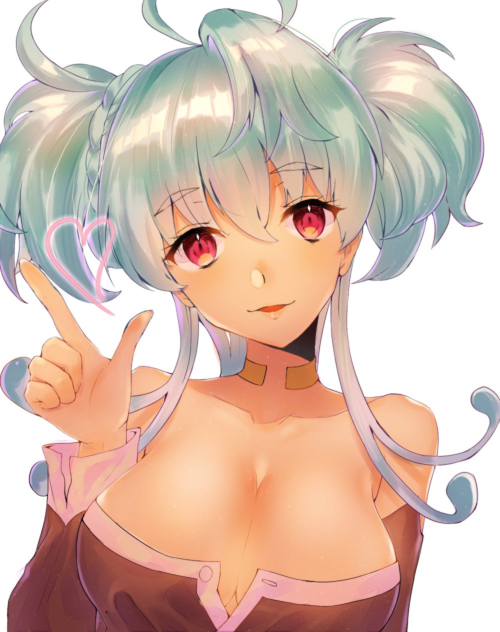 10s 1girl ahoge bare_shoulders blue_hair blush breasts cagliostro_(symphogear) choker cleavage collarbone commentary_request detached_sleeves dress eyebrows_visible_through_hair hair_between_eyes heart highres index_finger_raised large_breasts lips long_hair looking_at_viewer open_mouth saku_t senki_zesshou_symphogear shiny shiny_hair short_twintails simple_background smile solo twintails upper_body violet_eyes white_background